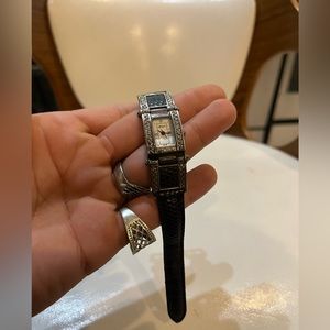 Vintage Brighton silver and black leather strap womens wristwatch
